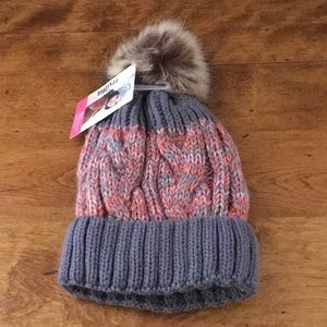 Tru Fit Knit Crocheted Warm Hat Beanie Faux Fur Pom Pom Gray Multi Color Unisex
